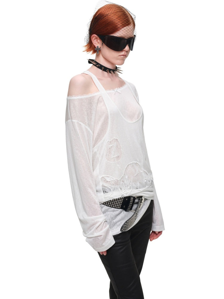 1JINN STUDIO x SNOOPY Collaboration Lace Appliqué Two-Piece Set Loose Casual Long-Sleeve T-Shirt【s0000018123】