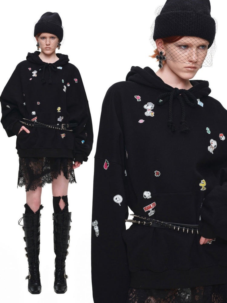 1JINN STUDIO x Snoopy Sticker Vintage American Street Pullover Dog Ear Loose Hoodie Sweatshirt【s0000018124】