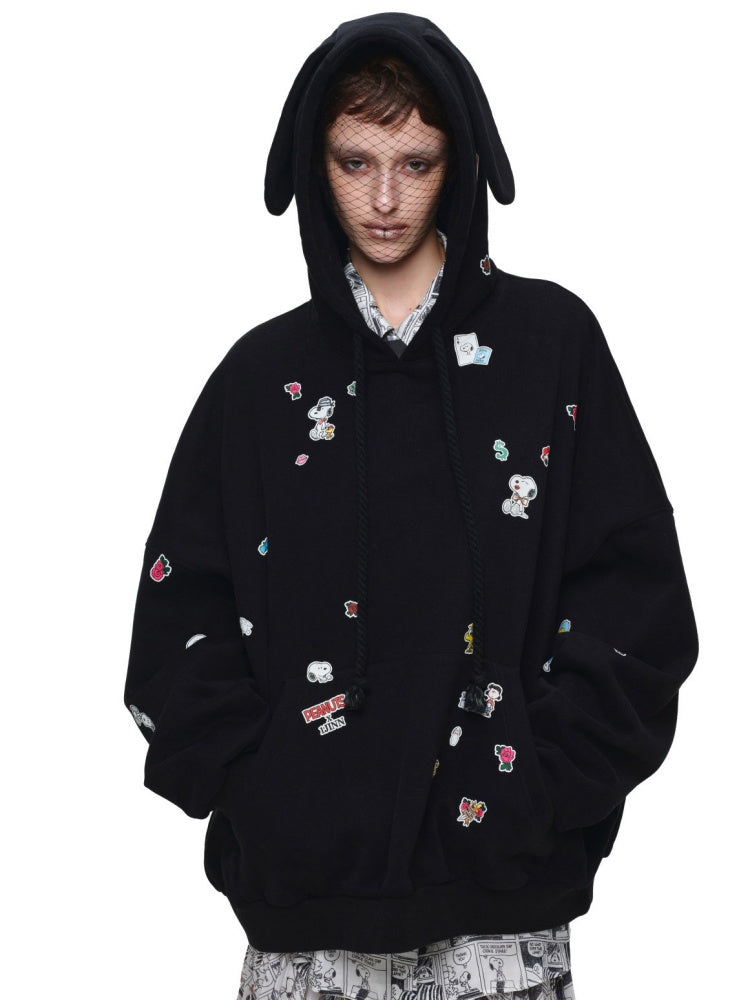 1JINN STUDIO x Snoopy Sticker Vintage American Street Pullover Dog Ear Loose Hoodie Sweatshirt【s0000018124】