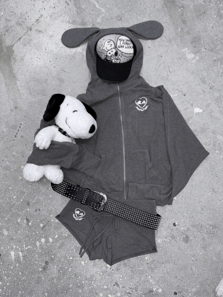 1JINN STUDIO x Snoopy Dog Ear Bat Sleeve Print Hoodie Slightly Flared Long Short Pants Set【s0000018125】