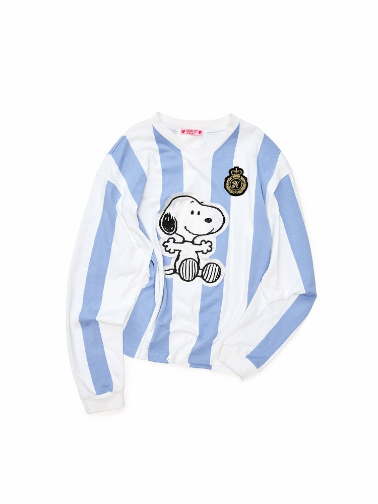 1JINN STUDIO x Snoopy Collaboration Vintage Appliqué Embroidered Striped Loose Crew Neck Long-Sleeve Ball Jersey T-Shirt【s0000018126】