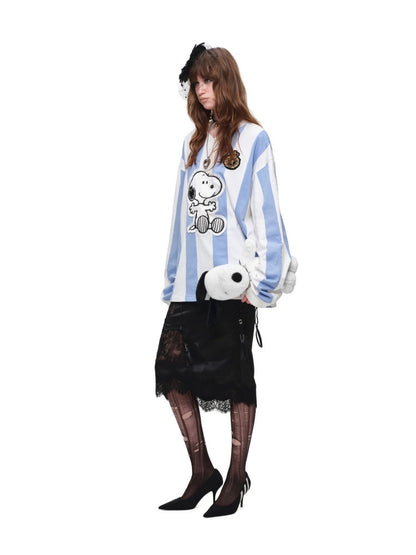 1JINN STUDIO x Snoopy Collaboration Vintage Appliqué Embroidered Striped Loose Crew Neck Long-Sleeve Ball Jersey T-Shirt【s0000018126】