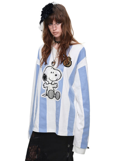 1JINN STUDIO x Snoopy Collaboration Vintage Appliqué Embroidered Striped Loose Crew Neck Long-Sleeve Ball Jersey T-Shirt【s0000018126】