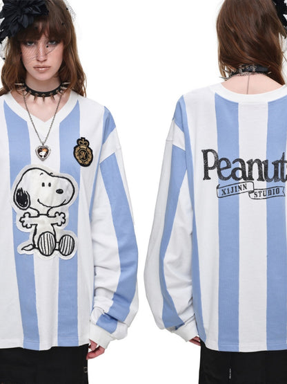 1JINN STUDIO x Snoopy Collaboration Vintage Appliqué Embroidered Striped Loose Crew Neck Long-Sleeve Ball Jersey T-Shirt【s0000018126】