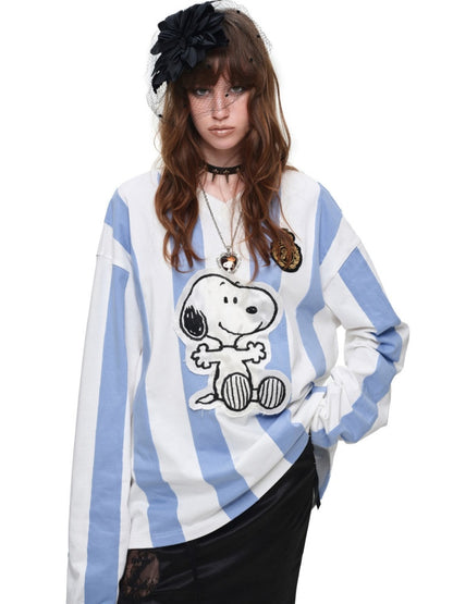 1JINN STUDIO x Snoopy Collaboration Vintage Appliqué Embroidered Striped Loose Crew Neck Long-Sleeve Ball Jersey T-Shirt【s0000018126】