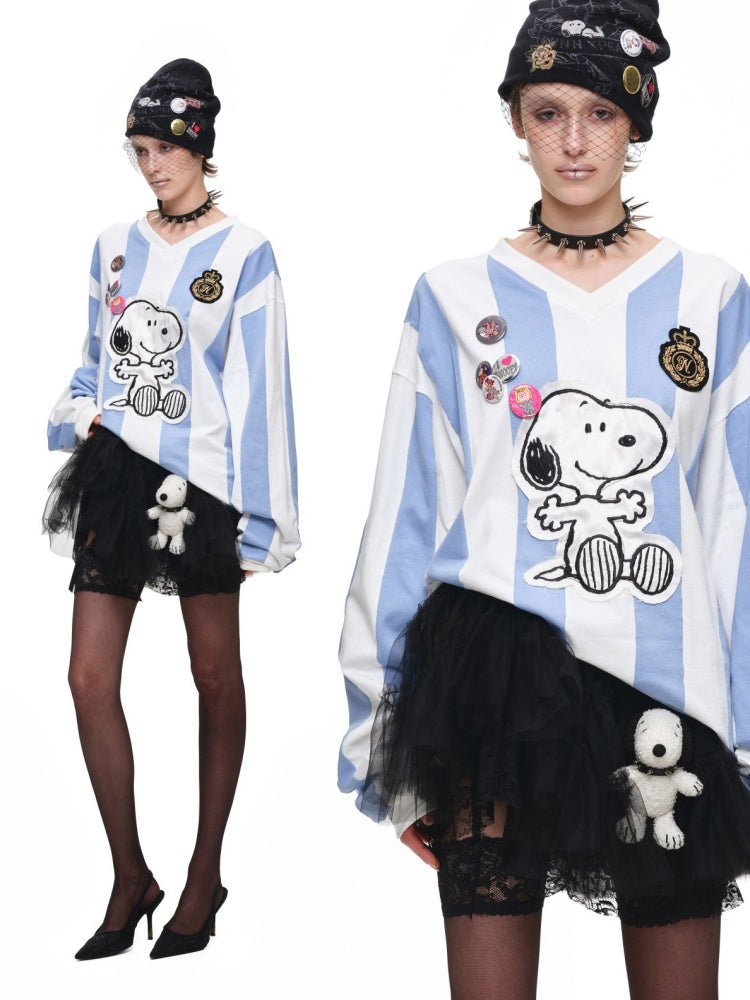 1JINN STUDIO x Snoopy Collaboration Vintage Appliqué Embroidered Striped Loose Crew Neck Long-Sleeve Ball Jersey T-Shirt【s0000018126】