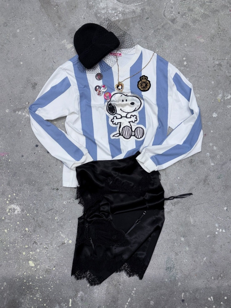1JINN STUDIO x Snoopy Collaboration Vintage Appliqué Embroidered Striped Loose Crew Neck Long-Sleeve Ball Jersey T-Shirt【s0000018126】