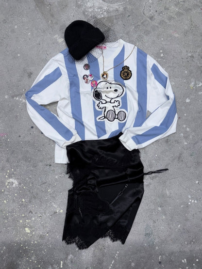 1JINN STUDIO x Snoopy Collaboration Vintage Appliqué Embroidered Striped Loose Crew Neck Long-Sleeve Ball Jersey T-Shirt【s0000018126】