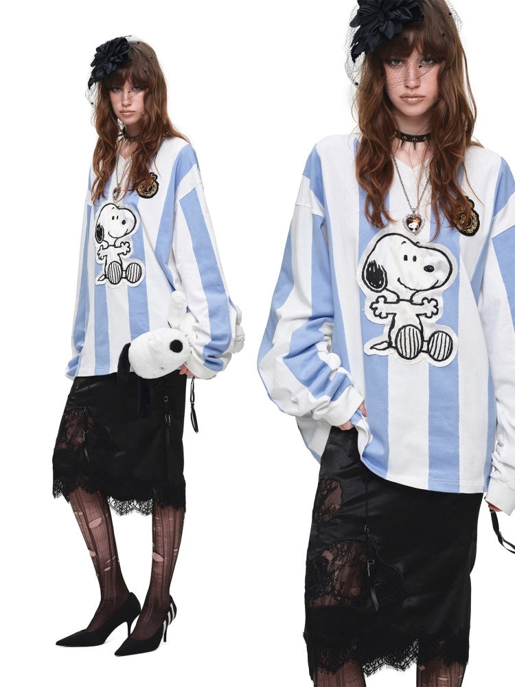 1JINN STUDIO x Snoopy Collaboration Vintage Appliqué Embroidered Striped Loose Crew Neck Long-Sleeve Ball Jersey T-Shirt【s0000018126】