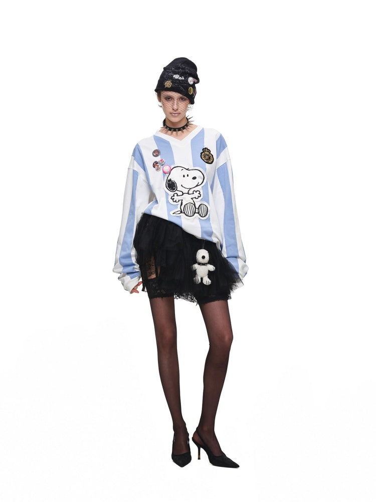 1JINN STUDIO x Snoopy Collaboration Vintage Appliqué Embroidered Striped Loose Crew Neck Long-Sleeve Ball Jersey T-Shirt【s0000018126】