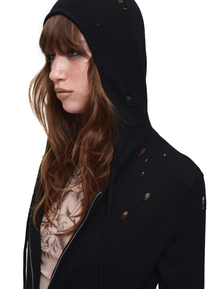 Distressed Solid Color Basic Short Hooded Knit Cardigan【s0000018127】