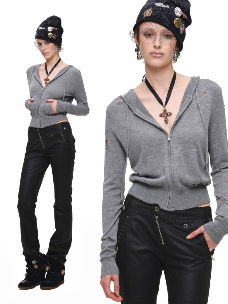 Distressed Solid Color Basic Short Hooded Knit Cardigan【s0000018127】