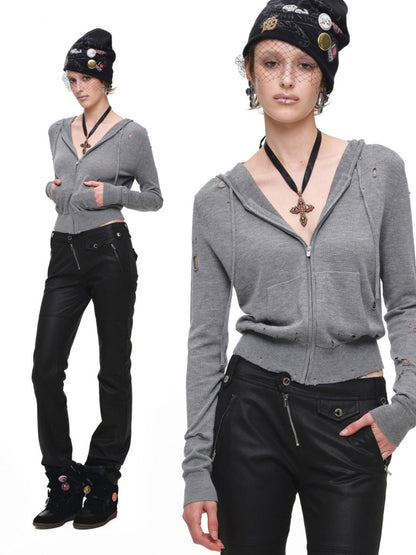 Distressed Solid Color Basic Short Hooded Knit Cardigan【s0000018127】