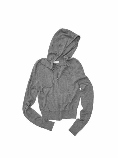 Distressed Solid Color Basic Short Hooded Knit Cardigan【s0000018127】