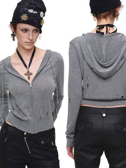 Distressed Solid Color Basic Short Hooded Knit Cardigan【s0000018127】