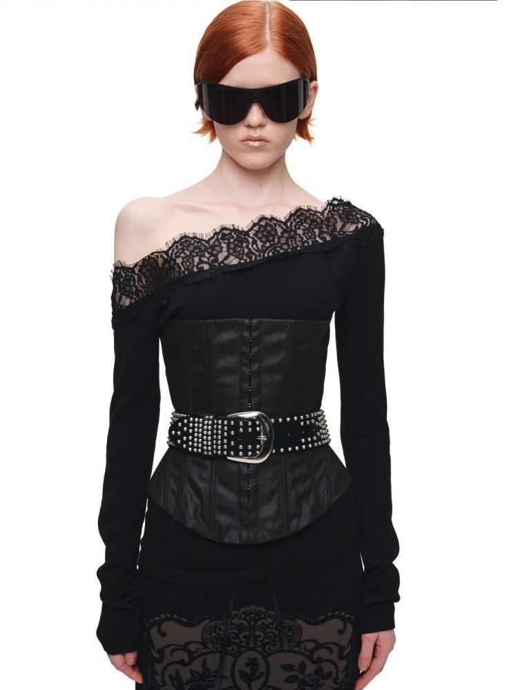 Lace Patchwork Asymmetrical Shoulder Slimming Long-Sleeve Knit Sweater【s0000018128】