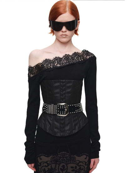 Lace Patchwork Asymmetrical Shoulder Slimming Long-Sleeve Knit Sweater【s0000018128】