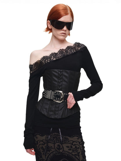 Lace Patchwork Asymmetrical Shoulder Slimming Long-Sleeve Knit Sweater【s0000018128】