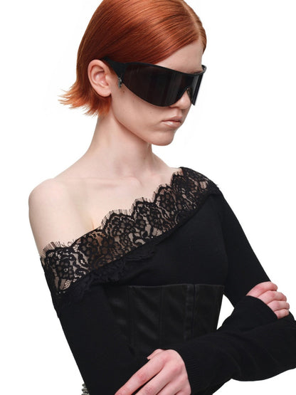 Lace Patchwork Asymmetrical Shoulder Slimming Long-Sleeve Knit Sweater【s0000018128】