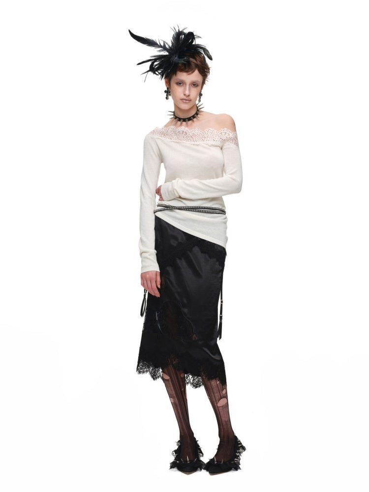 Lace Patchwork Asymmetrical Shoulder Slimming Long-Sleeve Knit Sweater【s0000018128】