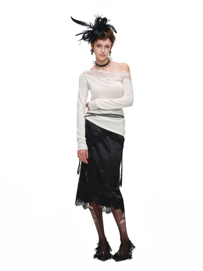 Lace Patchwork Asymmetrical Shoulder Slimming Long-Sleeve Knit Sweater【s0000018128】