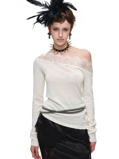 Lace Patchwork Asymmetrical Shoulder Slimming Long-Sleeve Knit Sweater【s0000018128】