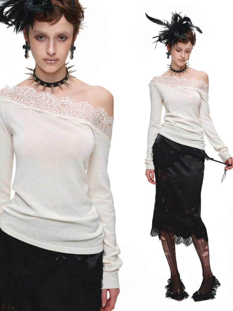 Lace Patchwork Asymmetrical Shoulder Slimming Long-Sleeve Knit Sweater【s0000018128】