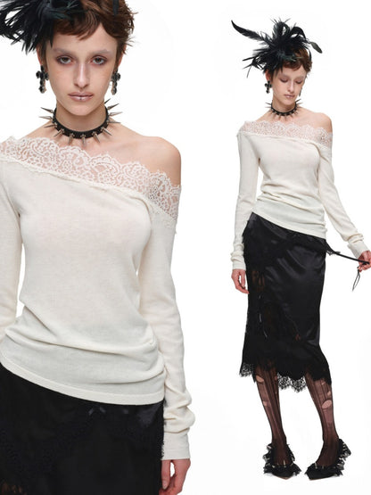 Lace Patchwork Asymmetrical Shoulder Slimming Long-Sleeve Knit Sweater【s0000018128】