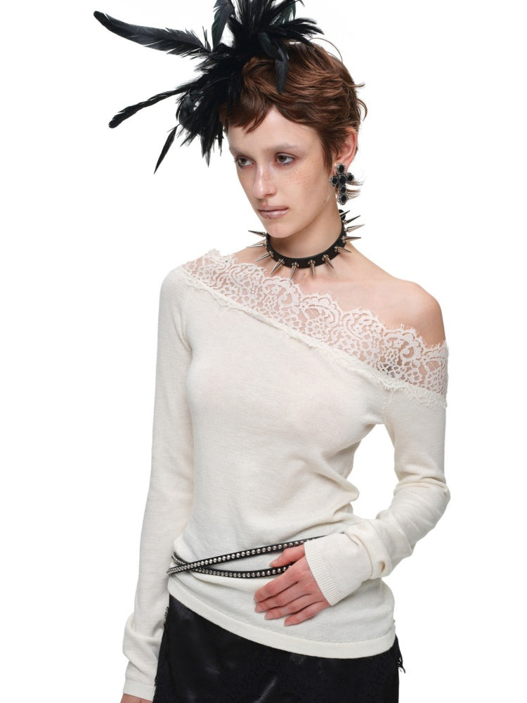 Lace Patchwork Asymmetrical Shoulder Slimming Long-Sleeve Knit Sweater【s0000018128】