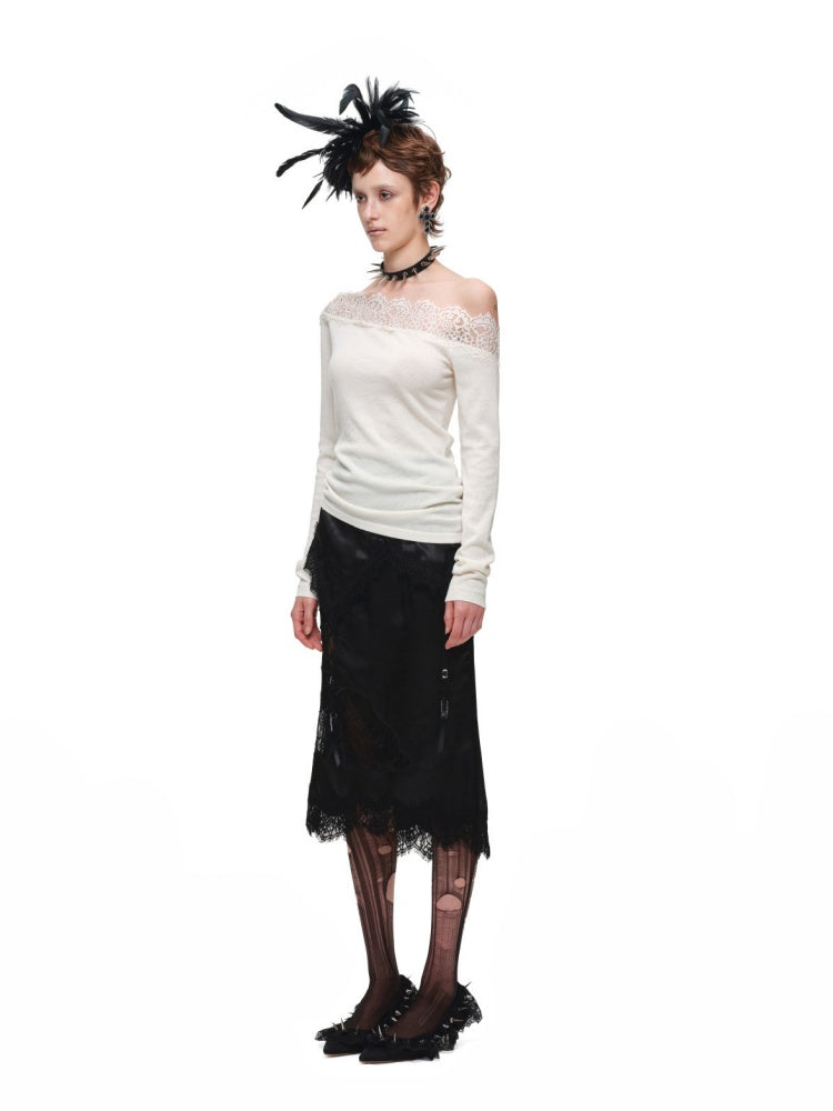 Lace Patchwork Asymmetrical Shoulder Slimming Long-Sleeve Knit Sweater【s0000018128】