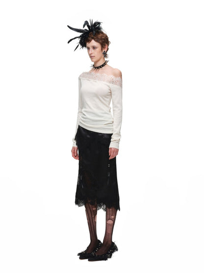 Lace Patchwork Asymmetrical Shoulder Slimming Long-Sleeve Knit Sweater【s0000018128】