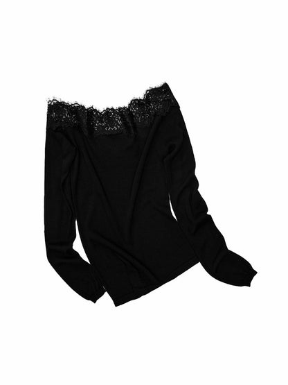 Lace Patchwork Asymmetrical Shoulder Slimming Long-Sleeve Knit Sweater【s0000018128】