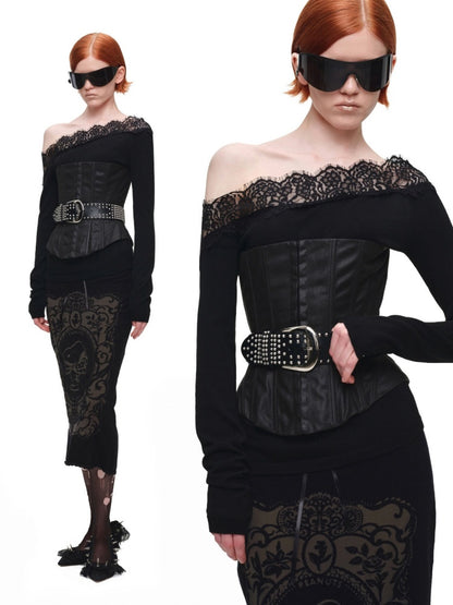 Lace Patchwork Asymmetrical Shoulder Slimming Long-Sleeve Knit Sweater【s0000018128】