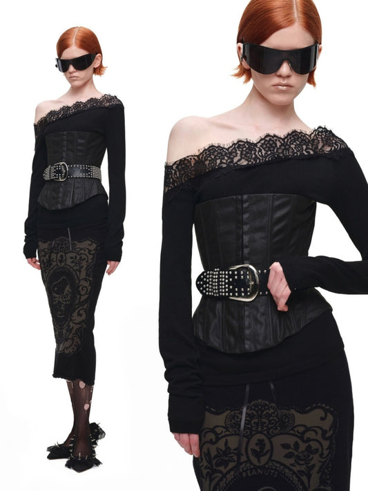 Lace Patchwork Asymmetrical Shoulder Slimming Long-Sleeve Knit Sweater【s0000018128】