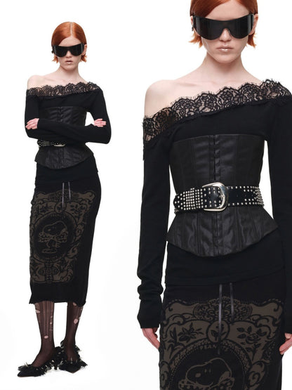 Lace Patchwork Asymmetrical Shoulder Slimming Long-Sleeve Knit Sweater【s0000018128】