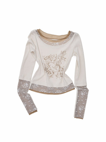 American Vintage Crew Neck Lace Color-Block Faux Two-Piece Printed Rhinestone Long-Sleeve T-Shirt【s0000018129】