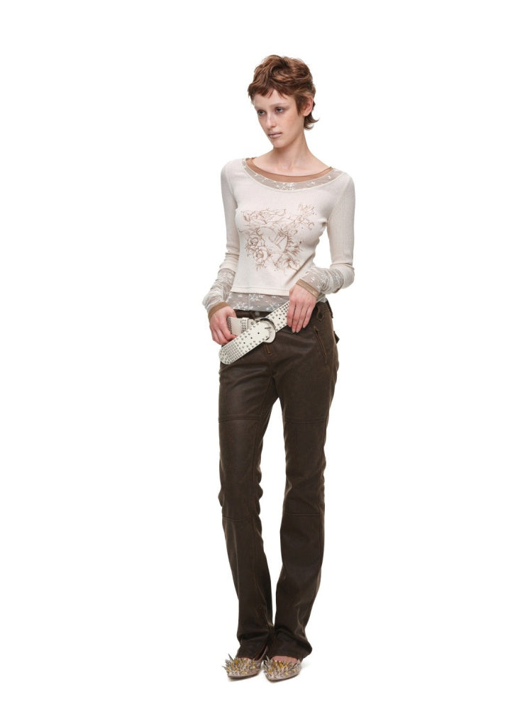 American Vintage Crew Neck Lace Color-Block Faux Two-Piece Printed Rhinestone Long-Sleeve T-Shirt【s0000018129】