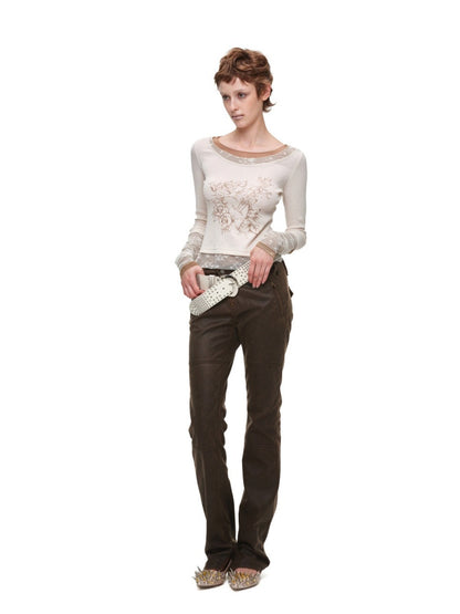 American Vintage Crew Neck Lace Color-Block Faux Two-Piece Printed Rhinestone Long-Sleeve T-Shirt【s0000018129】
