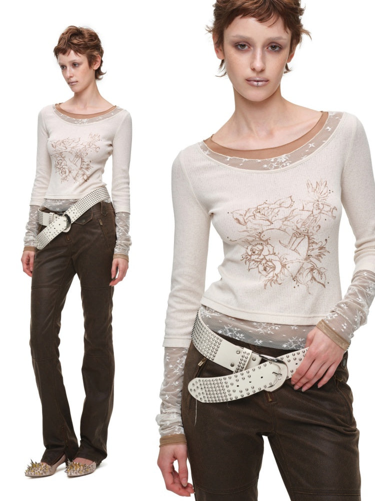American Vintage Crew Neck Lace Color-Block Faux Two-Piece Printed Rhinestone Long-Sleeve T-Shirt【s0000018129】