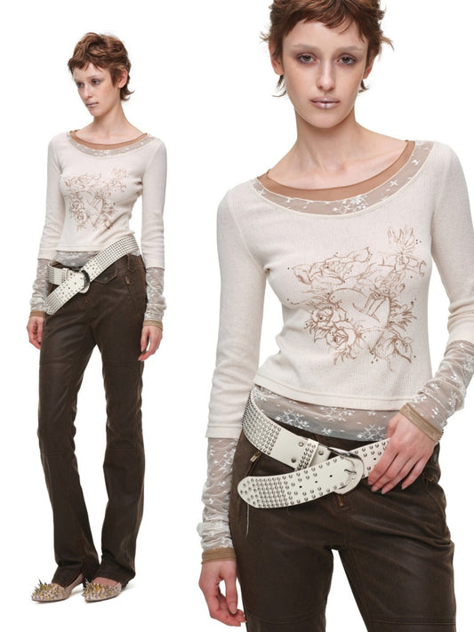 American Vintage Crew Neck Lace Color-Block Faux Two-Piece Printed Rhinestone Long-Sleeve T-Shirt【s0000018129】