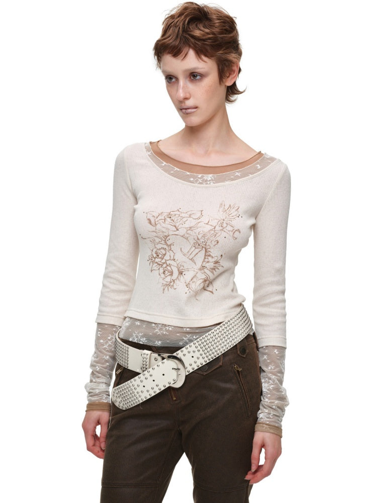 American Vintage Crew Neck Lace Color-Block Faux Two-Piece Printed Rhinestone Long-Sleeve T-Shirt【s0000018129】