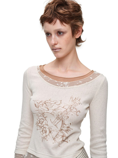 American Vintage Crew Neck Lace Color-Block Faux Two-Piece Printed Rhinestone Long-Sleeve T-Shirt【s0000018129】