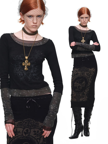American Vintage Crew Neck Lace Color-Block Faux Two-Piece Printed Rhinestone Long-Sleeve T-Shirt【s0000018129】