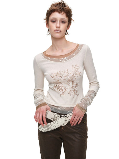 American Vintage Crew Neck Lace Color-Block Faux Two-Piece Printed Rhinestone Long-Sleeve T-Shirt【s0000018129】