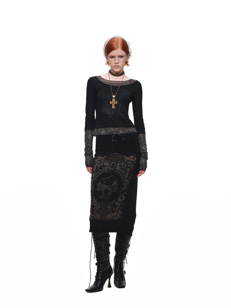 American Vintage Crew Neck Lace Color-Block Faux Two-Piece Printed Rhinestone Long-Sleeve T-Shirt【s0000018129】