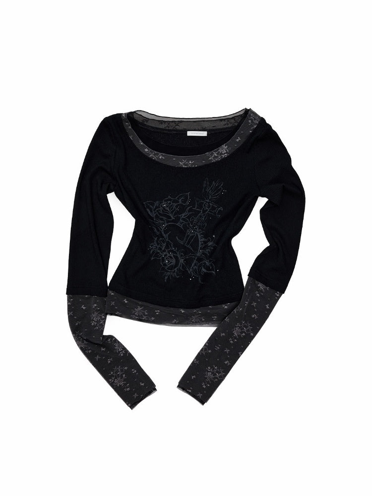 American Vintage Crew Neck Lace Color-Block Faux Two-Piece Printed Rhinestone Long-Sleeve T-Shirt【s0000018129】