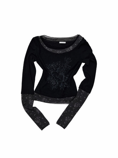 American Vintage Crew Neck Lace Color-Block Faux Two-Piece Printed Rhinestone Long-Sleeve T-Shirt【s0000018129】