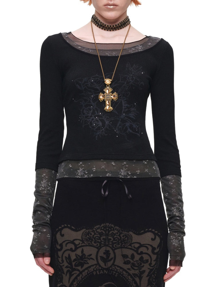 American Vintage Crew Neck Lace Color-Block Faux Two-Piece Printed Rhinestone Long-Sleeve T-Shirt【s0000018129】