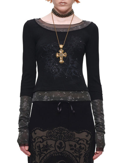 American Vintage Crew Neck Lace Color-Block Faux Two-Piece Printed Rhinestone Long-Sleeve T-Shirt【s0000018129】