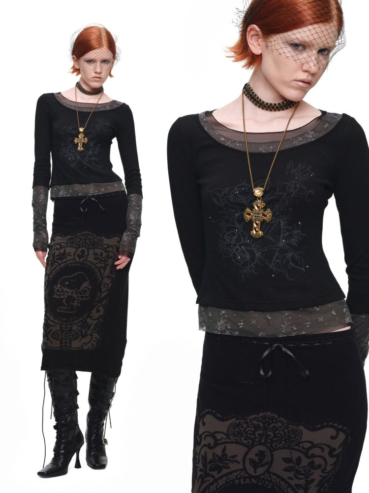 American Vintage Crew Neck Lace Color-Block Faux Two-Piece Printed Rhinestone Long-Sleeve T-Shirt【s0000018129】
